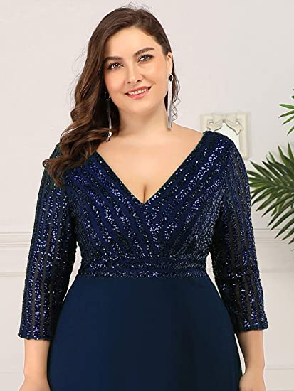 1xl. 2xl, 3xl, 4xl Navy blue shimmering Long sleeve plus size formal prom homecoming special occasion dress 