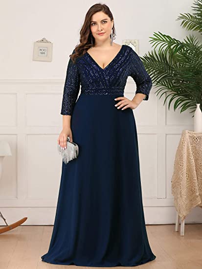 plus 1xl, 2xl, 3xl, 4xl,5 xl Navy blue shimmering Long sleeve plus size formal prom homecoming special occasion dress 