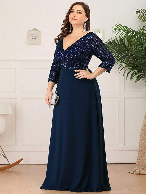 amazing Navy blue shimmering Long sleeve plus size formal prom homecoming special occasion dress 