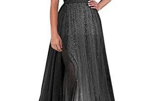 One Shoulder Sequin Long Prom Dresses for Women Sparkly Tulle High Slit Formal Maxi Evening Dress