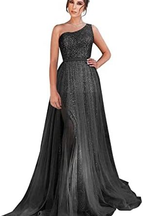 One Shoulder Sequin Long Prom Dresses for Women Sparkly Tulle High Slit Formal Maxi Evening Dress