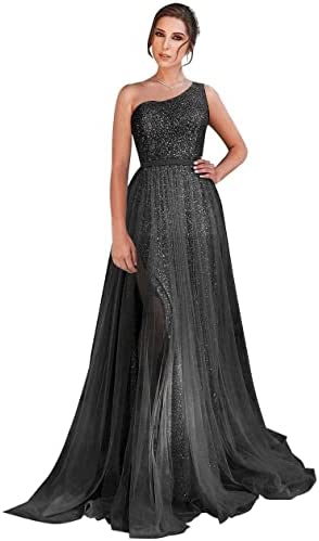 One Shoulder Sequin Long Prom Dresses for Women Sparkly Tulle High Slit Formal Maxi Evening Dress