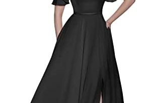 BOLENSEY Women's V-Neck Short Sleeves Chiffon Bridesmaid Dresses with Pockets Long Slit Formal Evening Gown