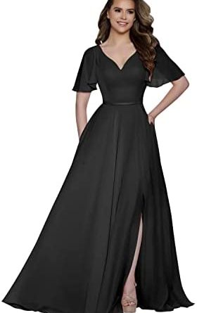 BOLENSEY Women's V-Neck Short Sleeves Chiffon Bridesmaid Dresses with Pockets Long Slit Formal Evening Gown