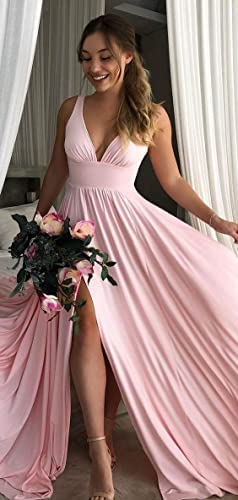 Pink slit V-Neck Plus size long gowns with empire waist and straps for curvy plus size women
