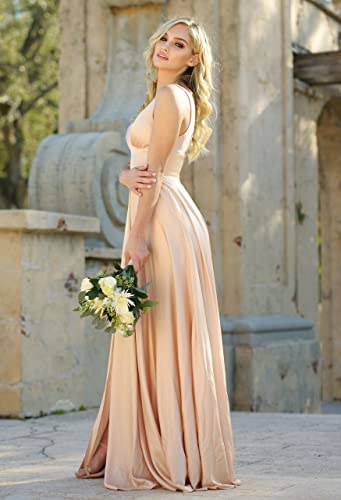 Peach Lovely slit V-Neck Plus size long gowns with empire waist and straps for curvy plus size women