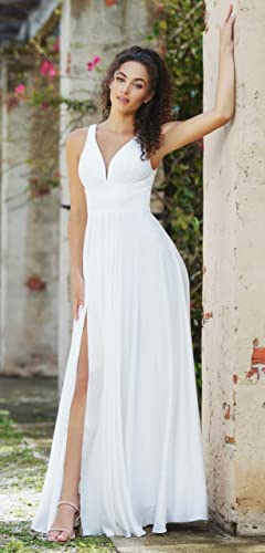 Lovely slit White V-Neck Plus size long gowns with empire waist and straps for curvy plus size women