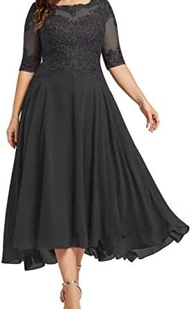 Plus Size Mother of The Bride Dresses for Wedding Appliques 3/4 Sleeves A line Tea Length Chiffon Formal Wedding Party Gown