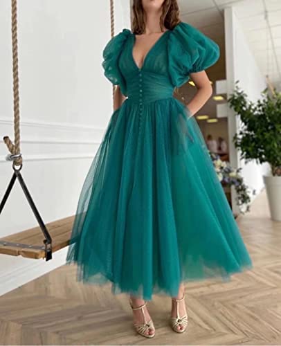 Green Stunning 22, 24, 26, 28 plus size 2023 Puffy sleeve tutu plus size tea length formal prom homecoming dress