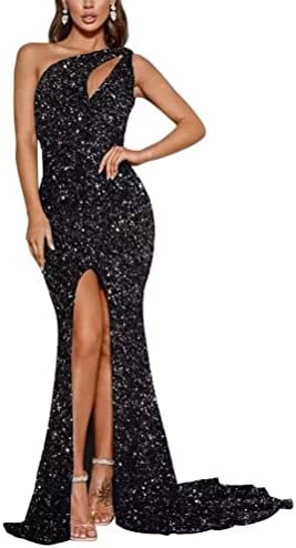 One shoulder Sparkly Sequin black and silver Plus size Formal Gown