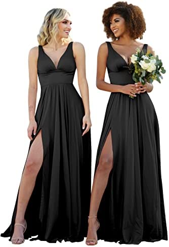 V-Neck Plus size black long gowns with empire waist and straps for curvy plus size women