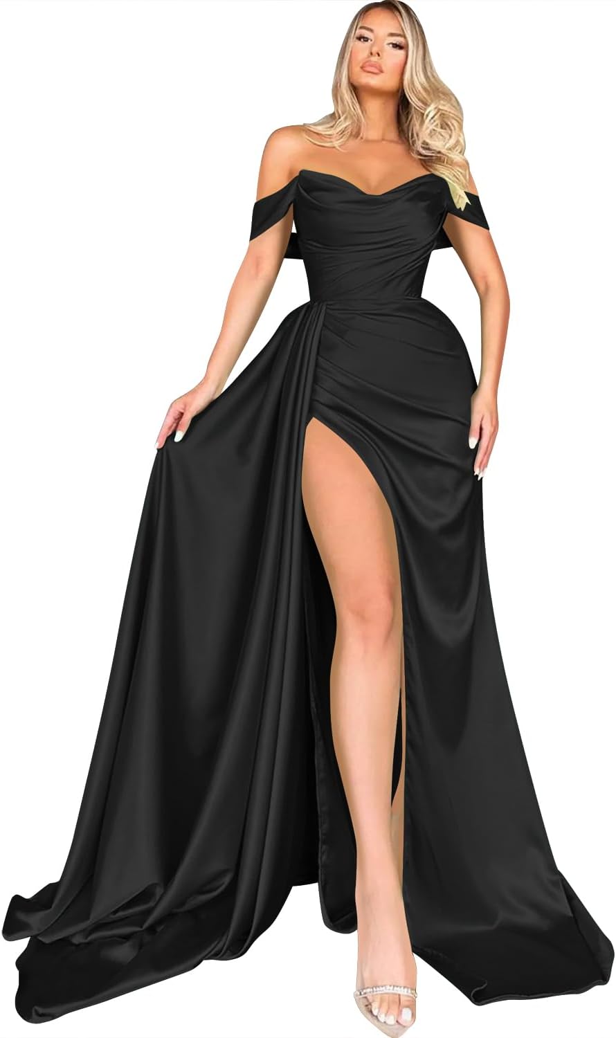 Miao Duo Women's Plus Size Prom Dresses Long Ball Gown Black Mermaid Off Shoulder Formal Dresses with Slit Black 24W