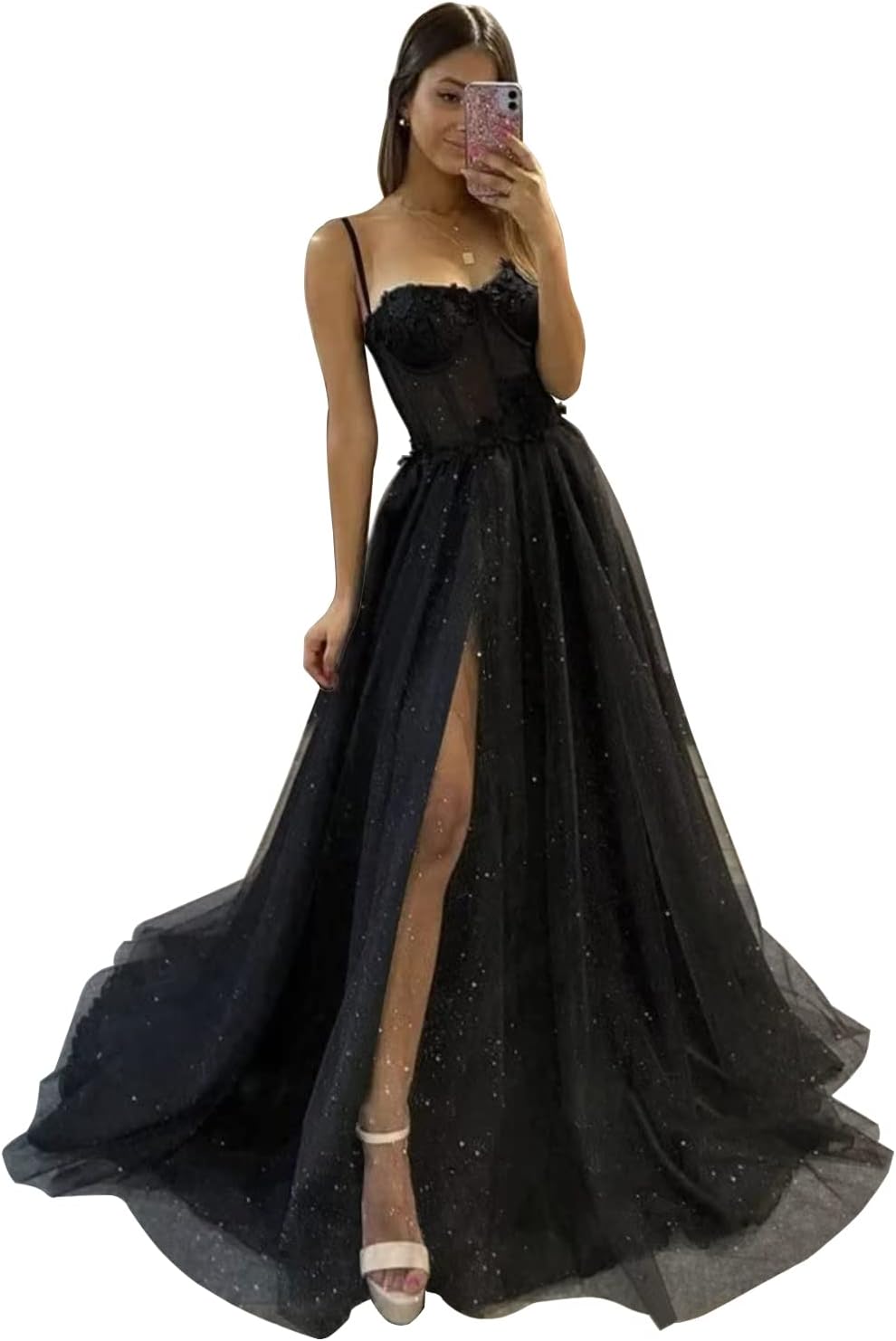 Plus Size Long Prom Dresses Sparkly Tulle Flower Spaghetti Straps Ball Gown Glitter Sweetheart Homecoming Dress with Slit Black US24W