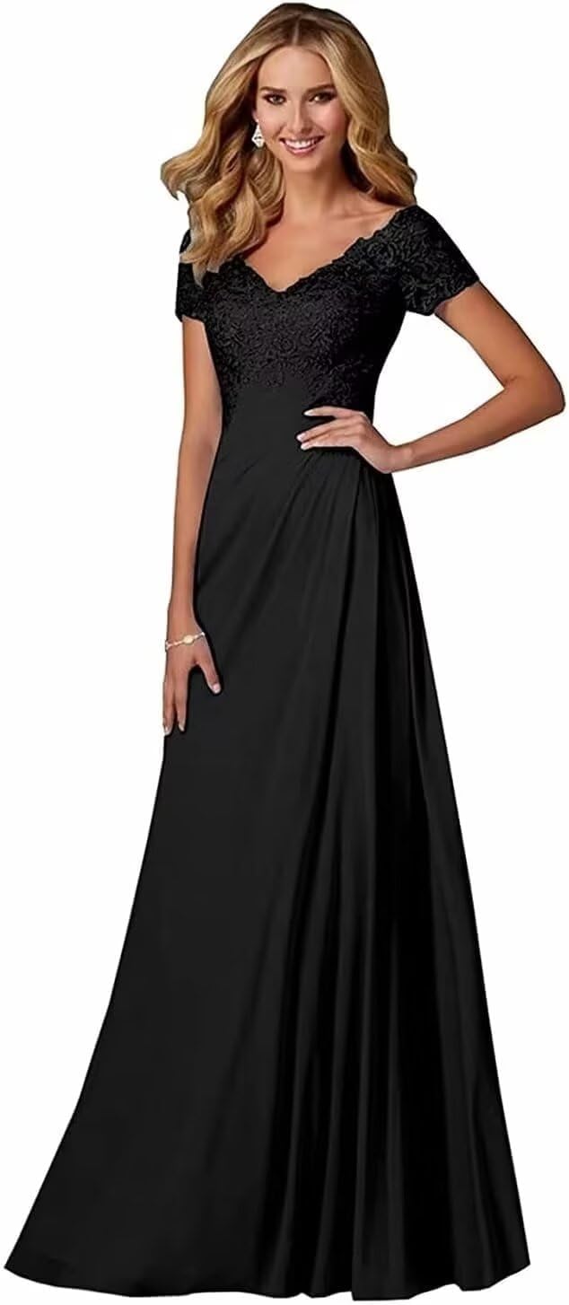 Women's Mother of The Bride Dresses with Sleeves V-Neck Lace Chiffon A-Line Evening Party Formal Gowns Plus Size