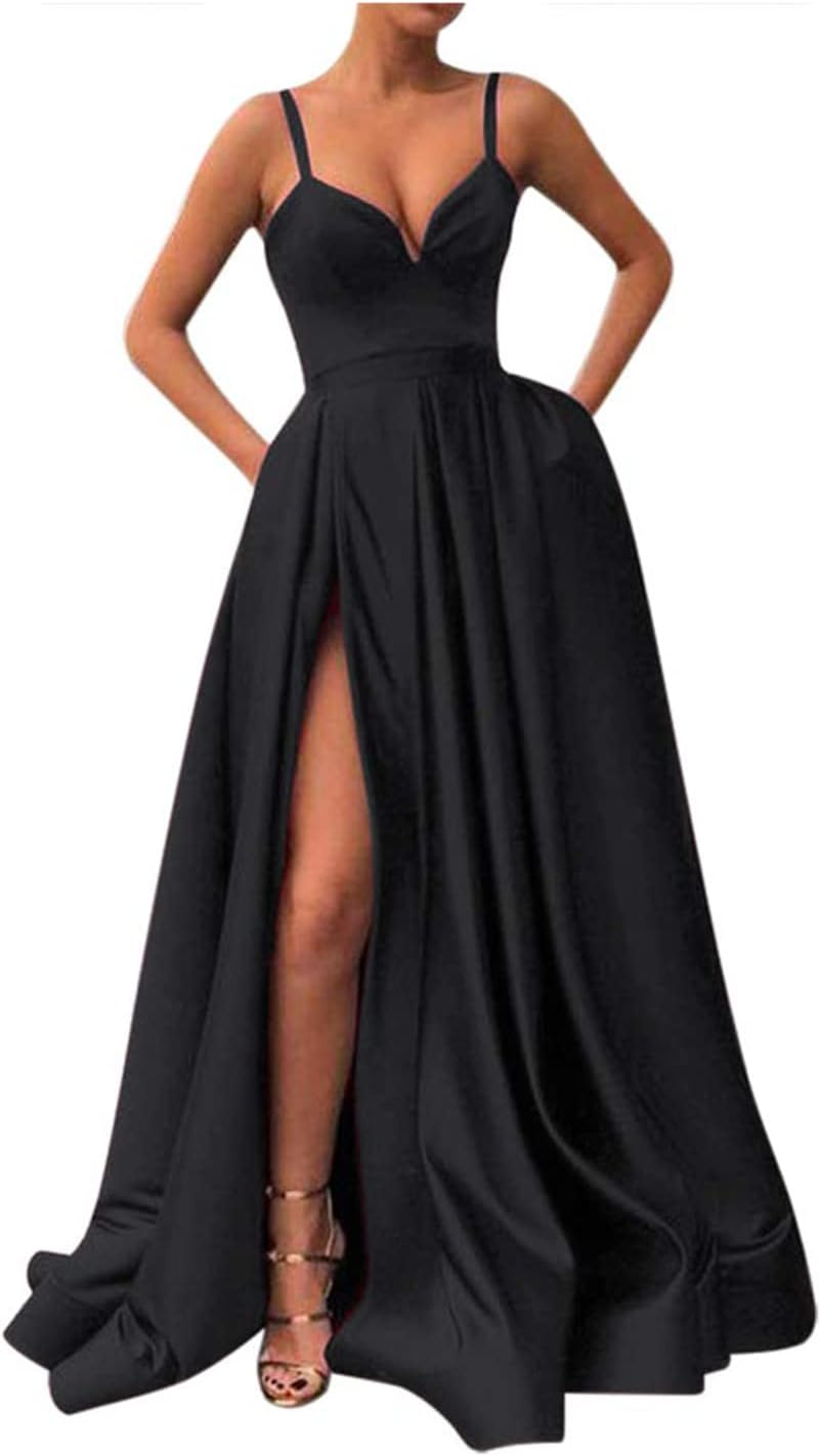 Fanciest Women's Spaghetti Straps Slit Satin Prom Evening Dresses with Pockets