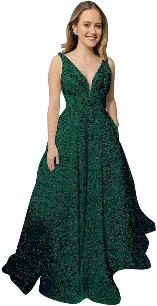 Sequin Prom Dresses Long Ball Gown for Teens V Neck A-Line with Pockets Glitter Formal Evening Gowns TBO5