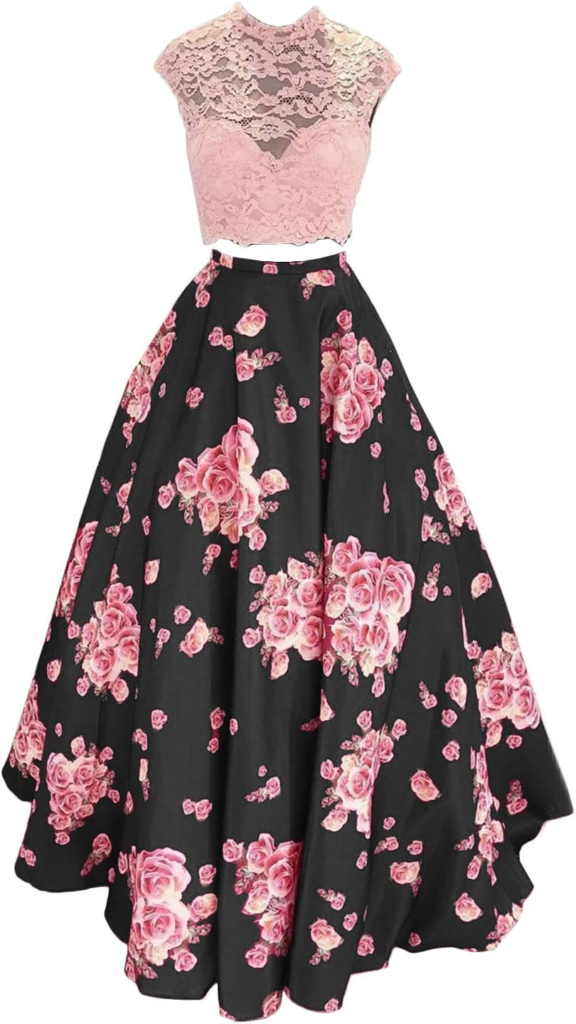 Womens 2 Piece Floral Prom Dress with Pockets Long V-Neck Satin Evening Ball Gown