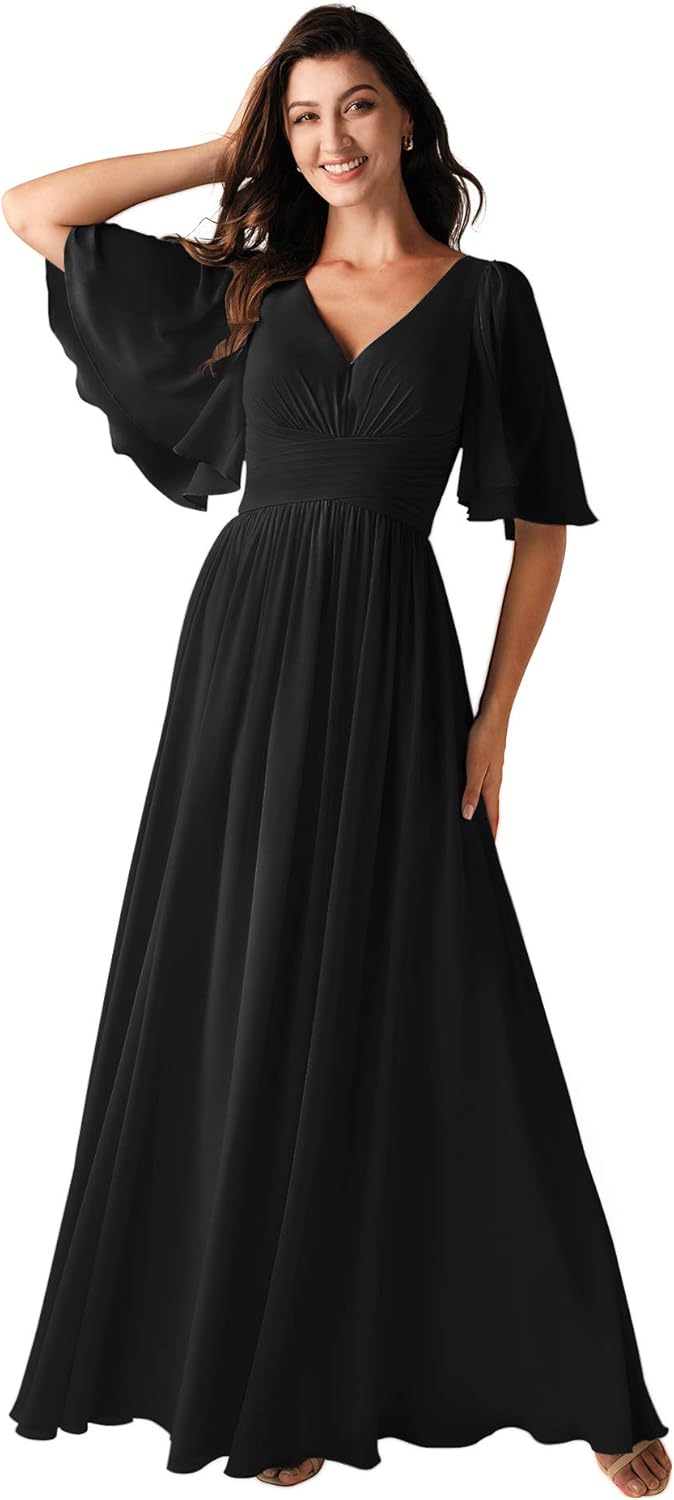 ALICEPUB V-Neck Chiffon Bridesmaid Dresses for Women Wedding Long Party Prom Dress with Sleeves