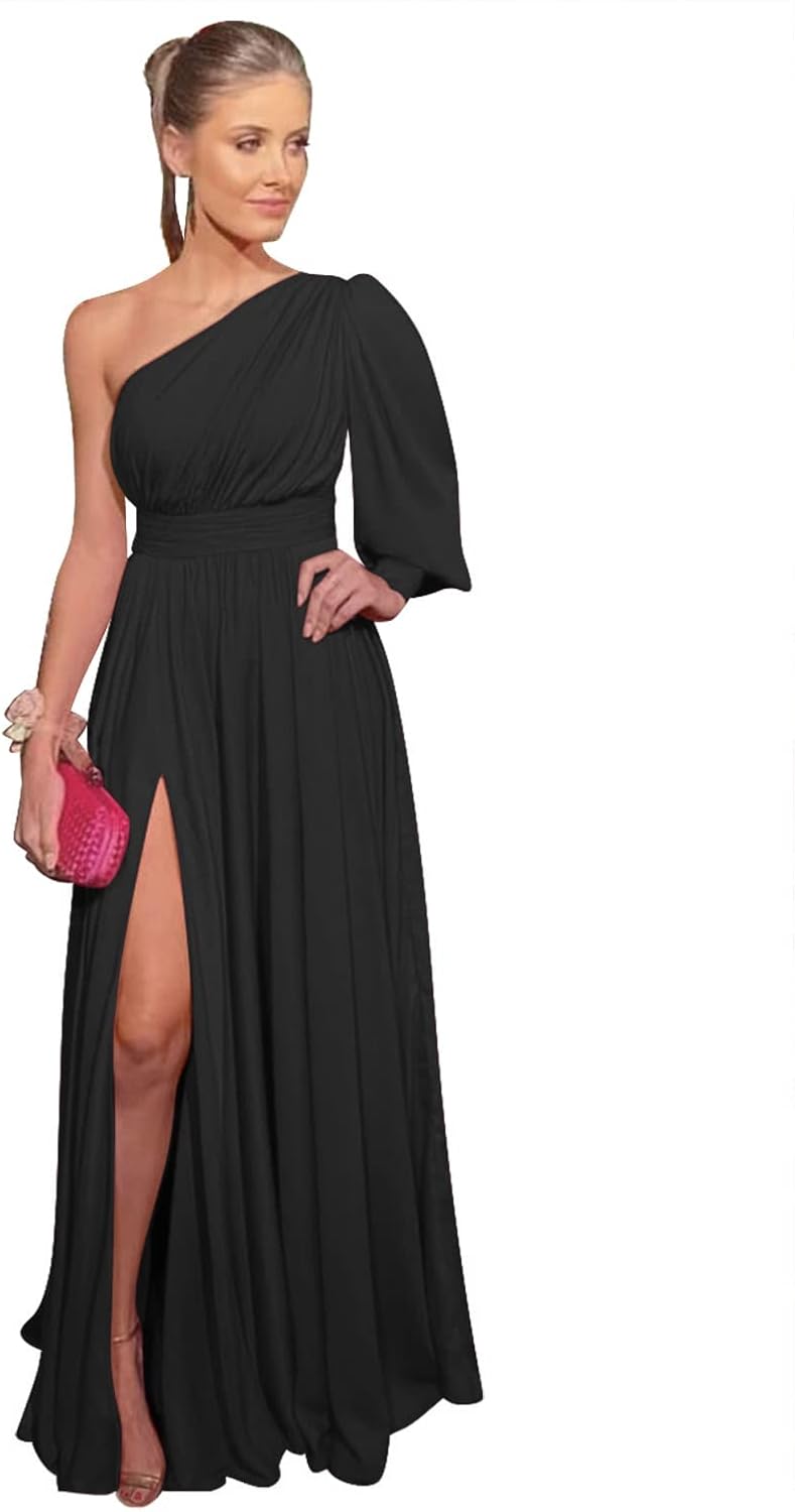 One Shoulder Long Sleeve Bridesmaid Dresses for Women Chiffon Prom Dress Split Evening Gowns for Wedding