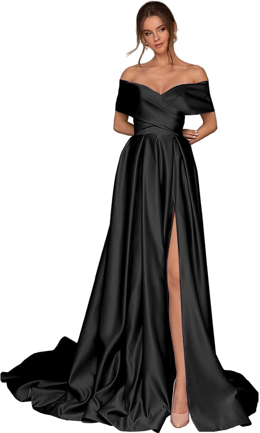 BONOYUER Satin Off The Shoulder Prom Dresses with Slit Pockets A Line Formal Evening Gown for Women