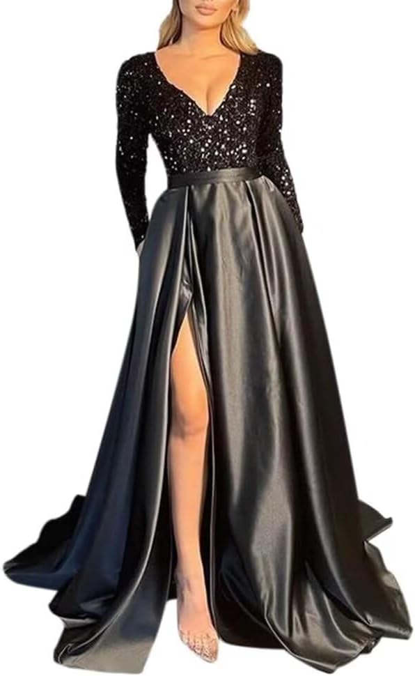 Fivsole Women's Sequin Long Sleeve Prom Dresses Satin with Slit Formal Party Evening Gowns with Pockets