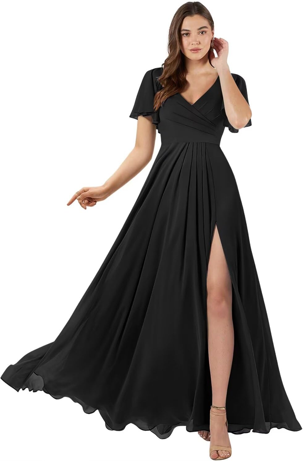 Seim Elegant Chiffon Black Bridesmaid Dresses Long with Slit Plus Size Open Back Ruffled Sleeve V-Neck Prom for Women Formal 24W