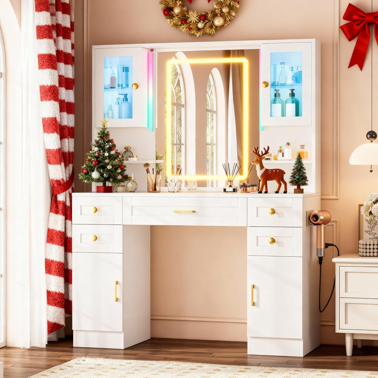 NUNU LAB White Vanity Desk with Mirror and Lights, Women Makeup Vanity with 16 RGB Colors Light & Power Outlet, 4 Cabinet, 2 Shelves & 5 Drawers for Bedroom (049 White)