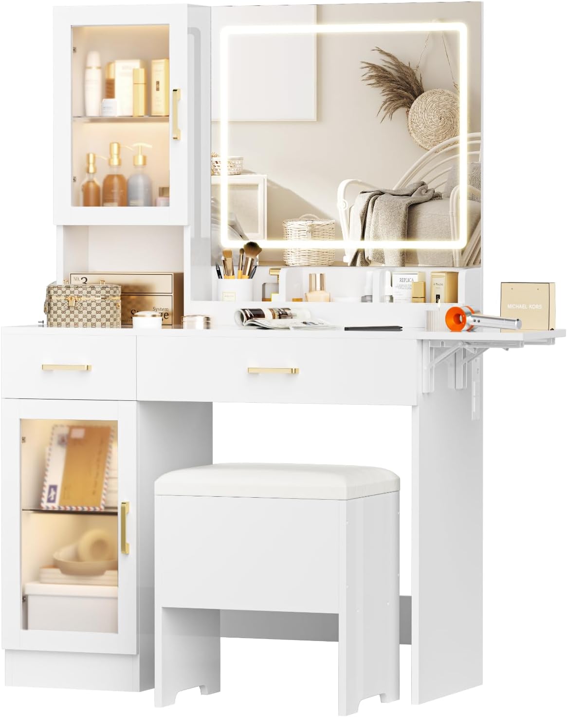 NUNU LAB Vanity Desk with Mirror and Lights with 6 Drawers and 4 Cabinets, Big Women Makeup Table with Power Outlet, 3-Color Adjustable Lighting for Bedroom Brown (White)