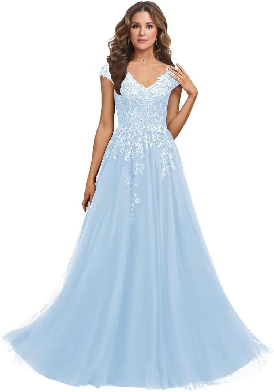 Mother of The Bride Dresses for Wedding Lace Appliques Chiffon Formal Dress Cap Sleeve He6002