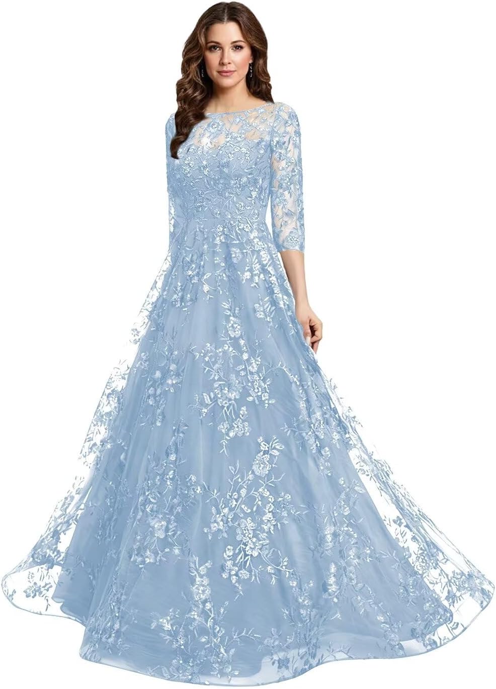 Monvelli Lace Appliques Mother of The Bride Dresses with 3/4 Sleeve Beaded Scoop Neck Tulle Long Formal Gowns