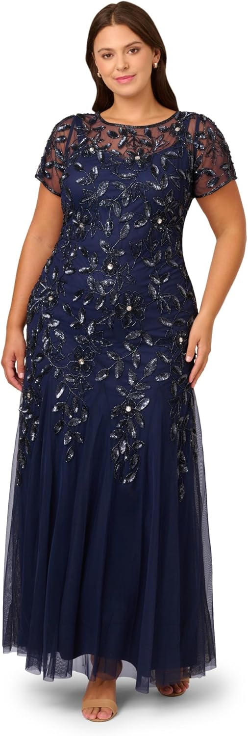 Adrianna Papell Women's Plus Size Floral Beaded Godet Gown, Light Navy
