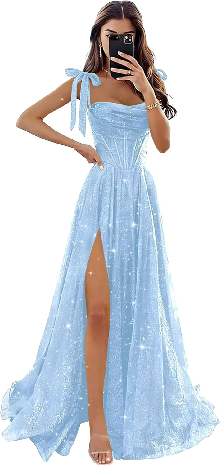 Spaghetti Straps Prom Dresses Long with Slit Sparkly Sequin Ball Gowns Glitter Bow Maxi Cocktail Dress ZU079