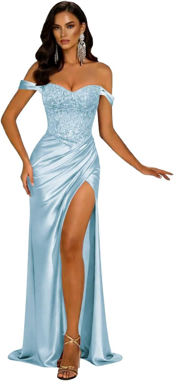 Off The Shoulder Satin Formal Dresses for Women with Slit Mermaid Sequin Maxi Dress Prom Backless Evening Gowns