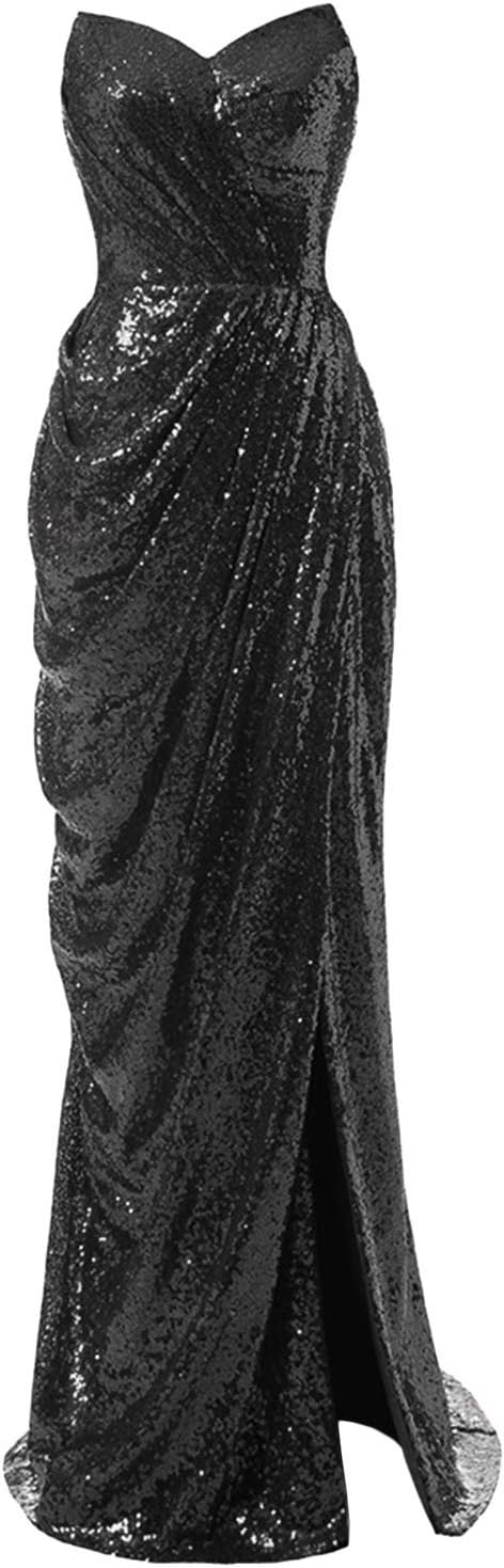 Womens Strapless Mermaid Prom Dress 2020 Long Slit Sequin Evening Formal Gown