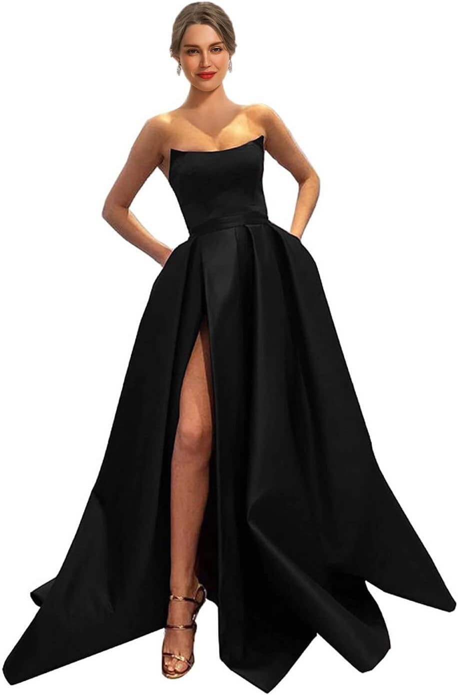 MllesReve Womens Long Strapless Satin Prom Dress Sleeveless Slit Evening Ball Gown with Pockets