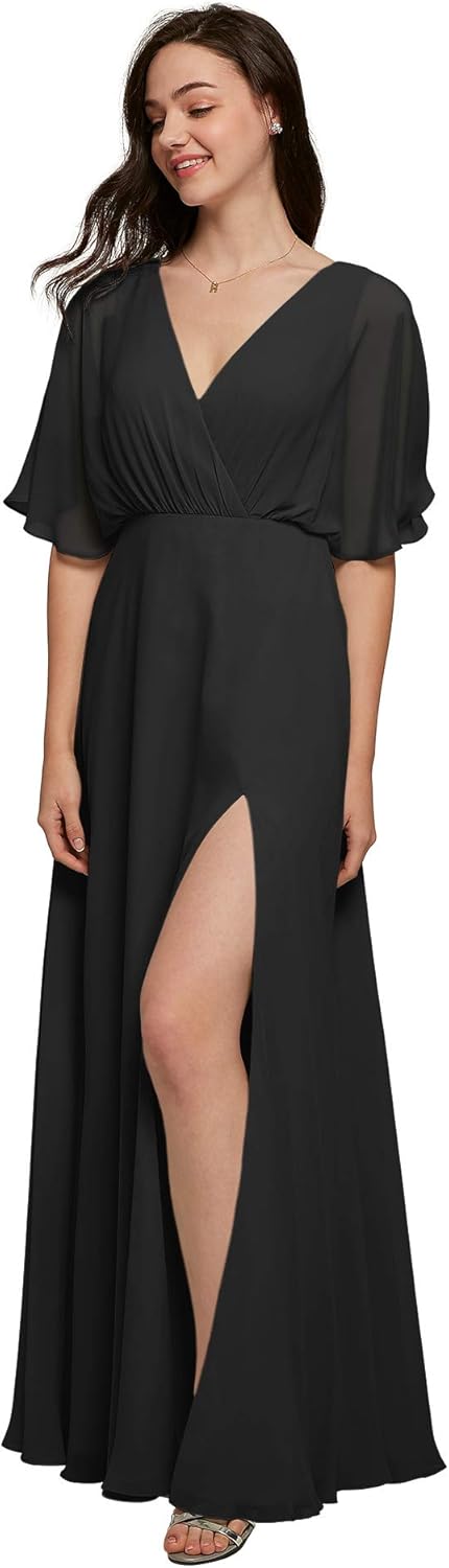 ALICEPUB V-Neck Bridesmaid Dress Chiffon Long Formal Dresses for Women Party Evening Short Sleeves