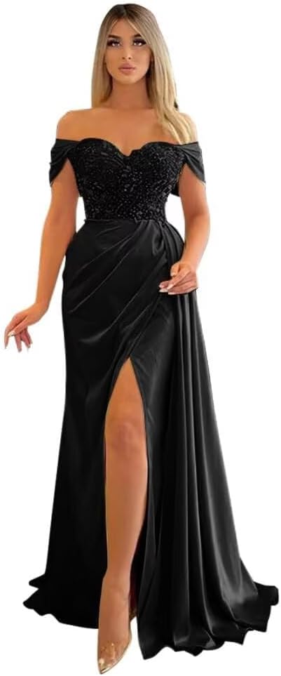 Off Shoulder Prom Dresses Long Mermaid Ball Gown 2024 Satin Beaded Slit Bridesmaid Formal Evening Dress for Women