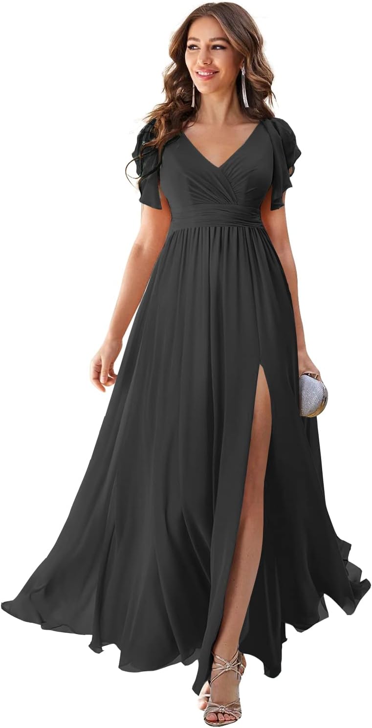Loyeloy Black Bridesmaid Dresses for Women Long V Neck Chiffon Evening Gowns for Party Short Sleeve Pleated Formal Dress with Slit Plus Size 24W