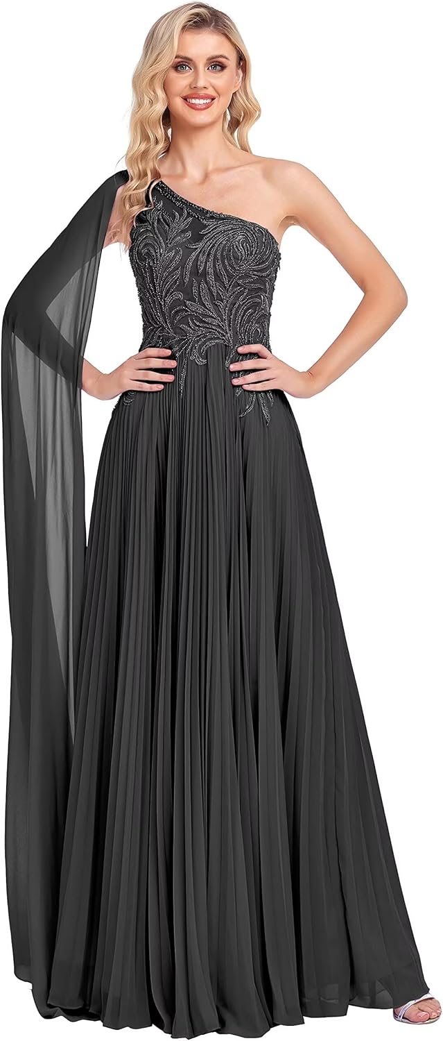 FreeBeauty One Shoulder Prom Dresses 2025 Lace Appliques Evening Dress Long Chiffon A-line Flowy Formal Dresses for Women