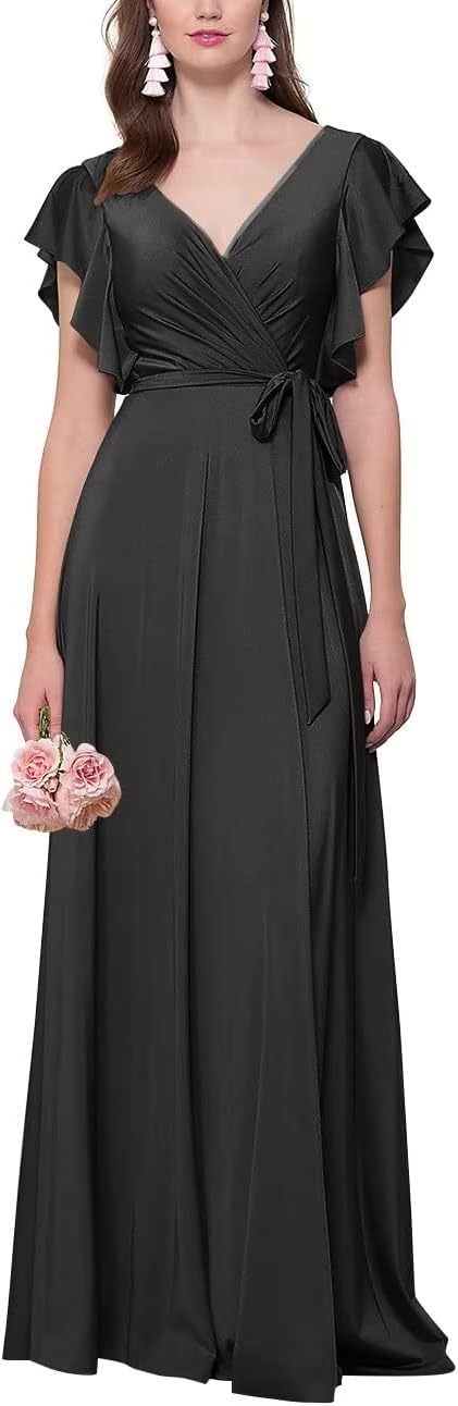 Women's V Neck Satin Bridesmaid Dresses Long with Flutter Sleeves Prom Dresses A-Line Formal Wedding Party Gowns