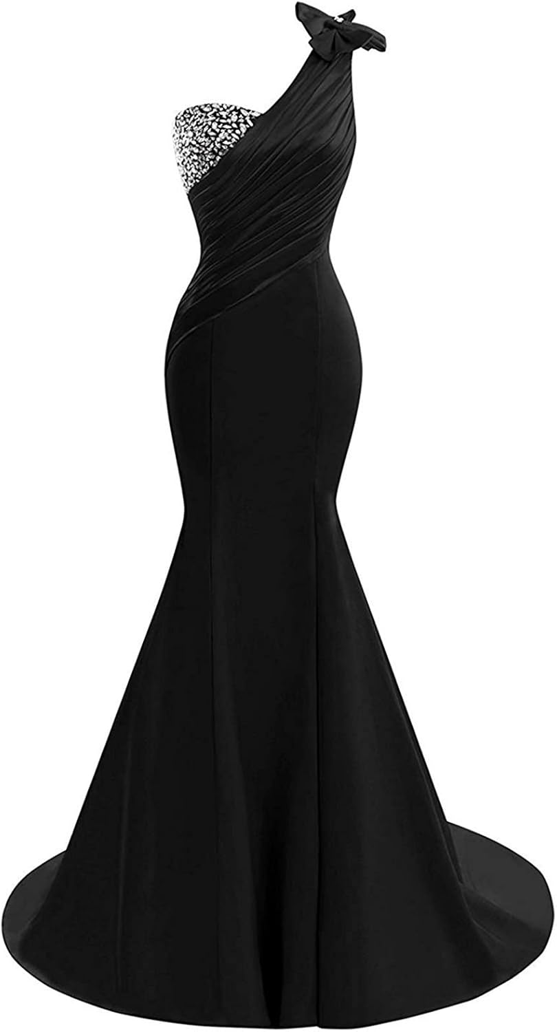 Womens One Shoulder Satin Mermaid Prom Dresses 2020 Long Formal Evening Ball Gowns D44 Black Plus Size 24