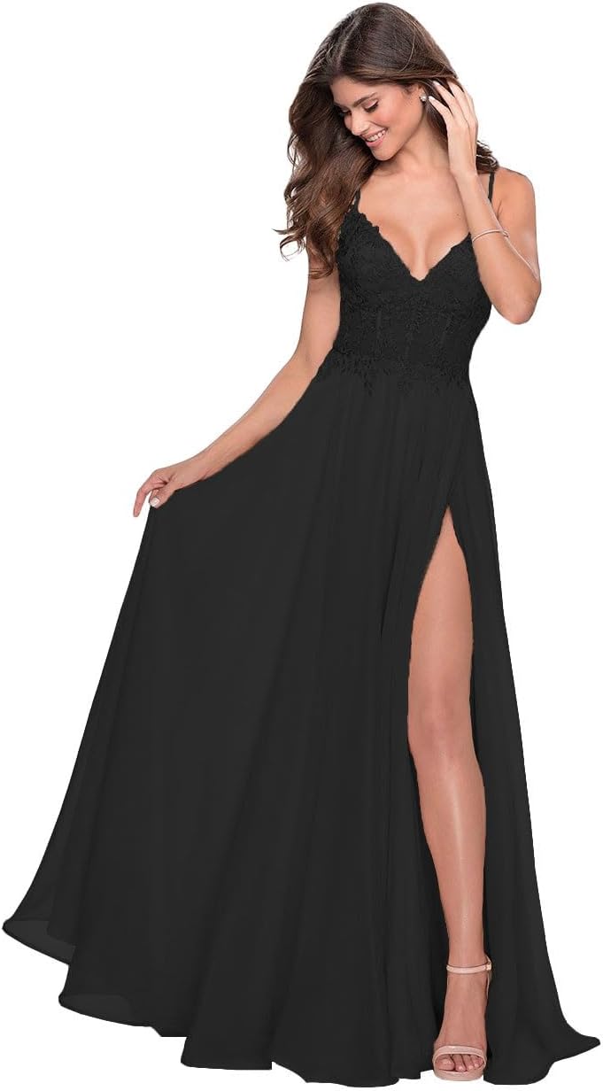 Miao Duo Women's Applqiqued Chiffon Long Prom Dresses with Slit Plus Size Spaghetti Straps A Line Prom Party Ball Gowns Black 24W