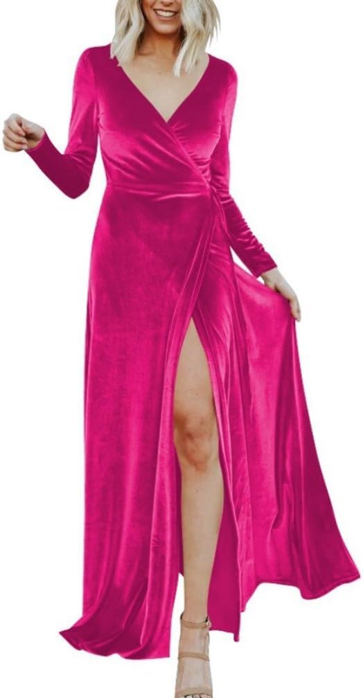 Loyeloy Long Sleeves Bridesmaid Dresses for Women 2024 V Neck Maxi Velvet Dress for Party Formal Evening Gowns with Slit