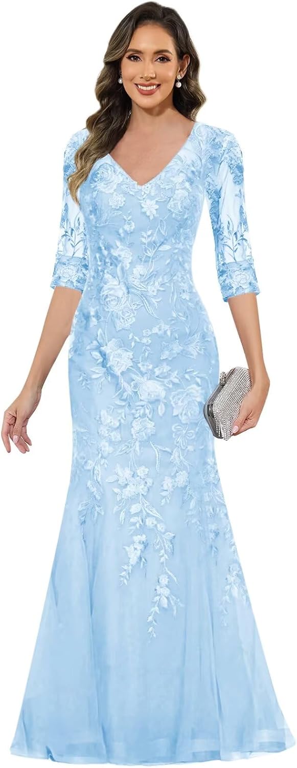 Lace Mother of The Bride Dress with 3/4 Sleeves V Neck Mermaid Formal Evening Gowns for Wedding