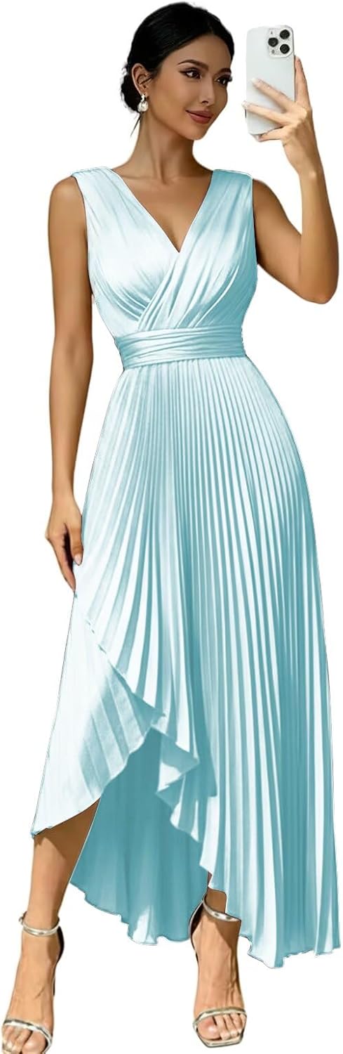 TIRAS Satin Pleated Bridesmaid Dresses Plus Size Long V Neck Light Blue Sleeveless Formal Dress with Slit US26W