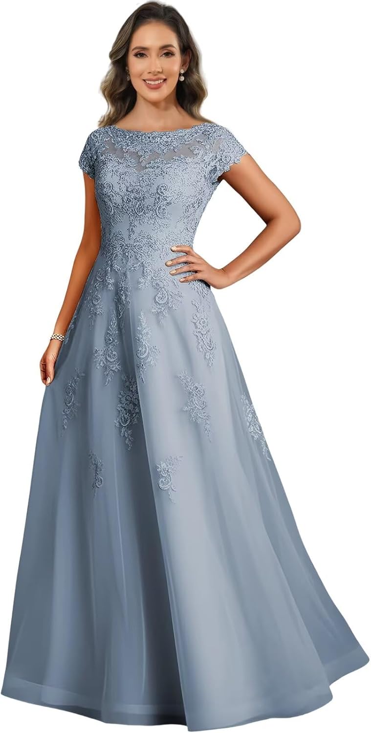 Lace Applique Mother of The Bride Dresses Short Sleeve Formal Evening Dress