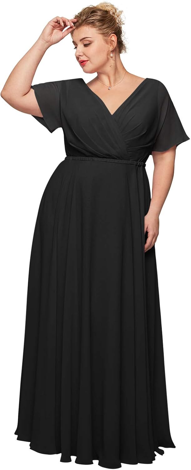 ALICEPUB Wrap V-Neck Chiffon Bridesmaid Dresses Long Maxi Formal Dress for Women Party Evening Short Sleeves