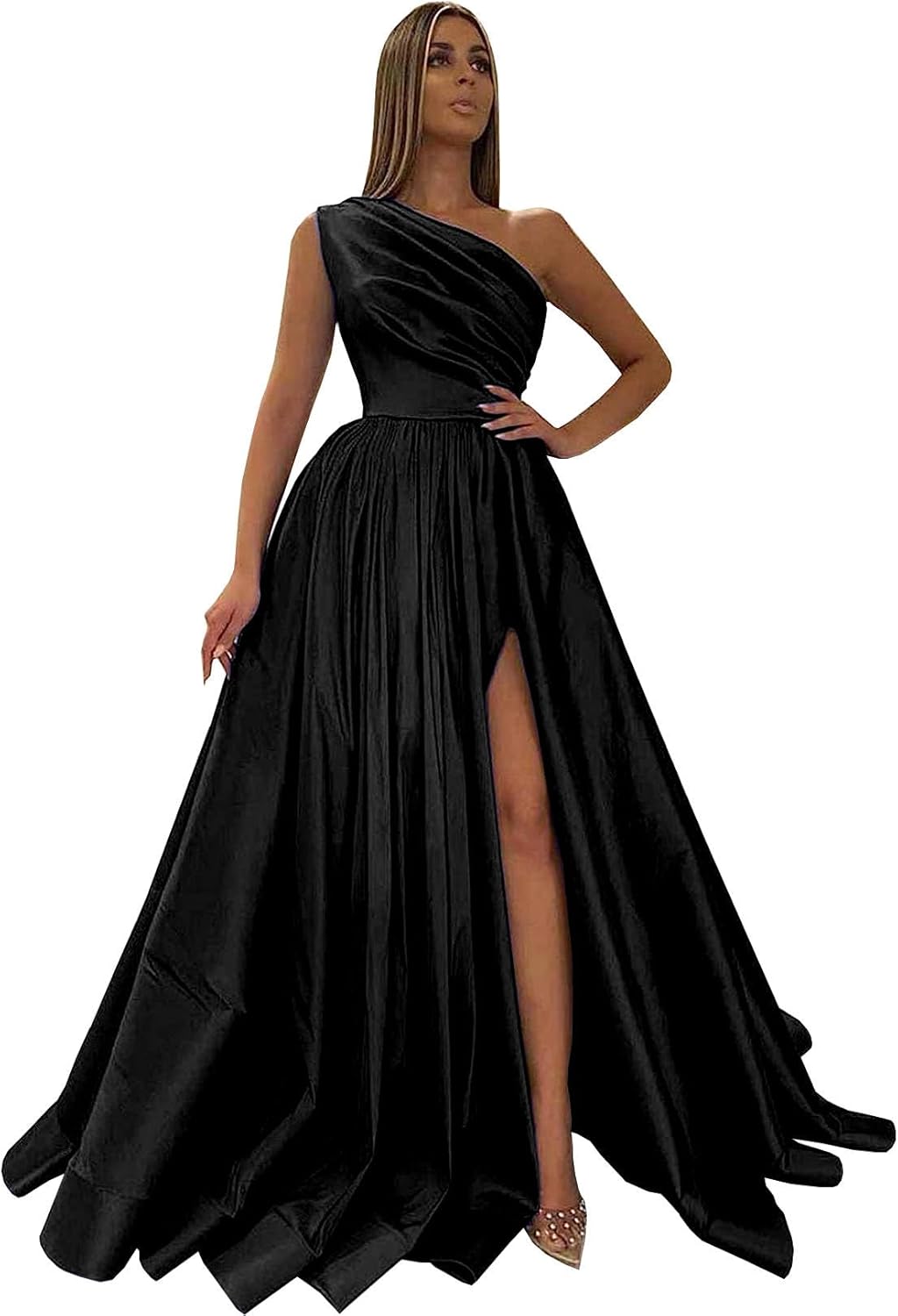 Fu Jiang Women's One Shoulder Satin Prom Dresses Long Slit Ball Gown Formal Evening Dress with Pockets