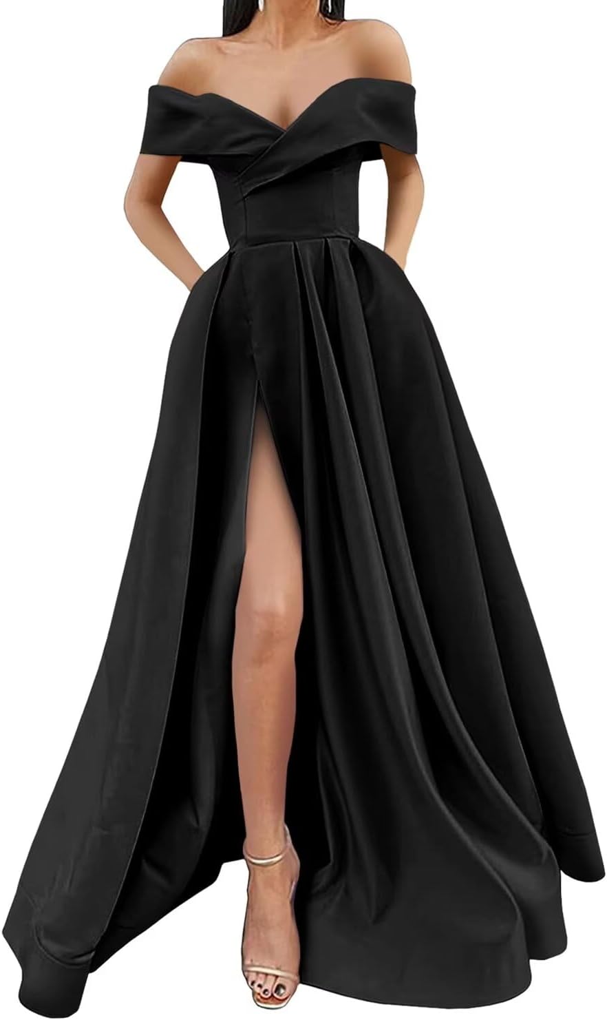 SoDigne Off Shoulder Long Slit Prom Dresses for Women A-Line Backless Satin Formal Evening Party Gown with Pockets