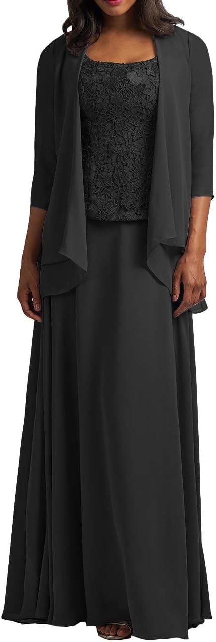 Mother of The Bride Dresses with Jacket Long Formal Evening Gowns Chiffon Plus Size Lace Prom Dress for Party Black US 24W
